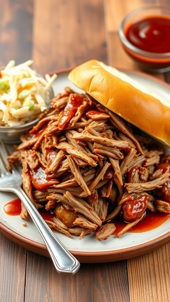 A plate of pulled pork with coleslaw on a bun, garnished with barbecue sauce.
